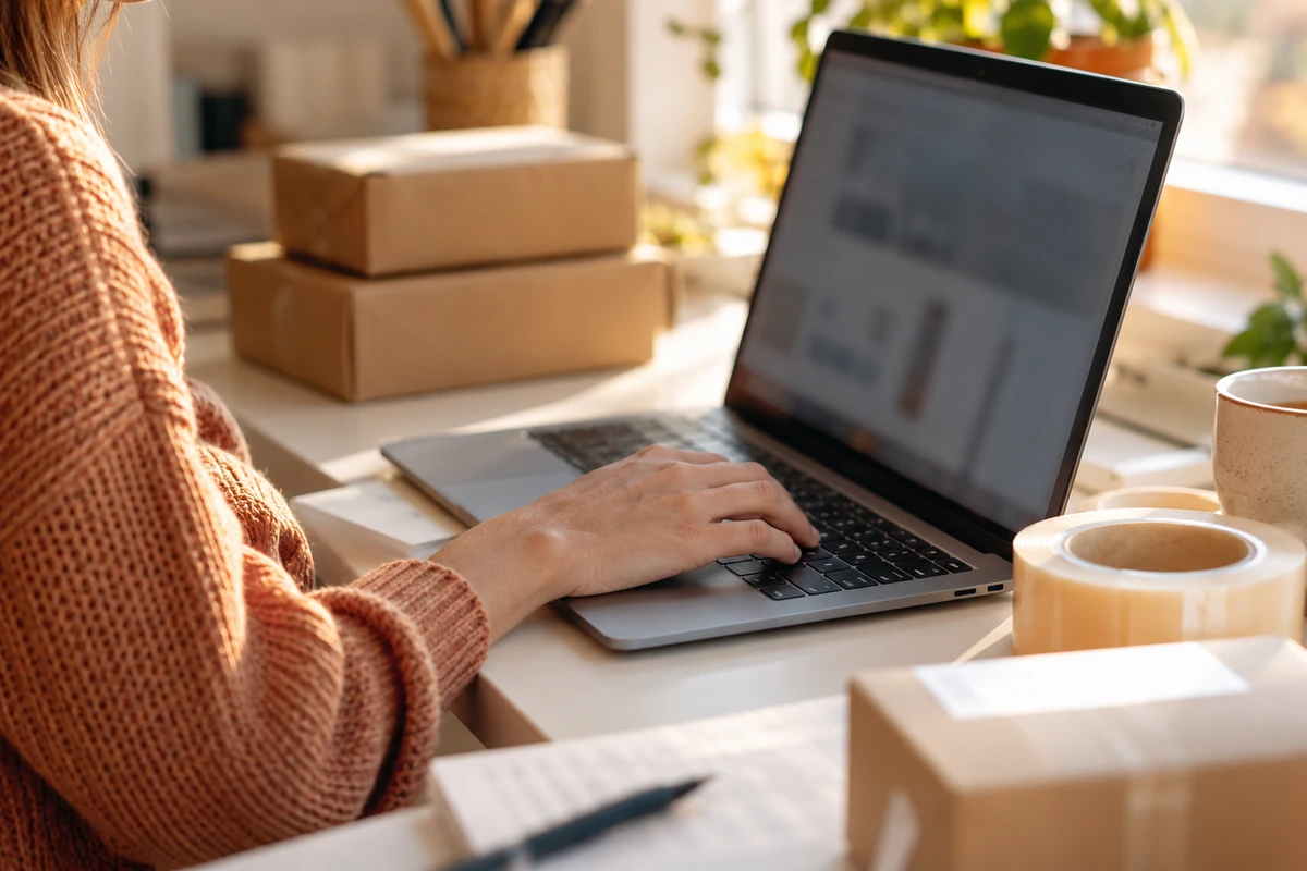 A hand typing on a laptop next to small parcels