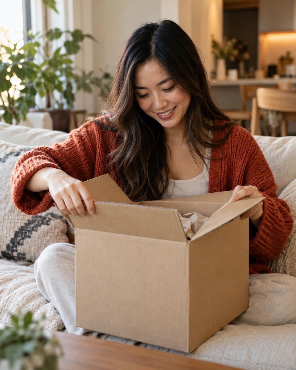 A woman opening a cardboard box on a sofa